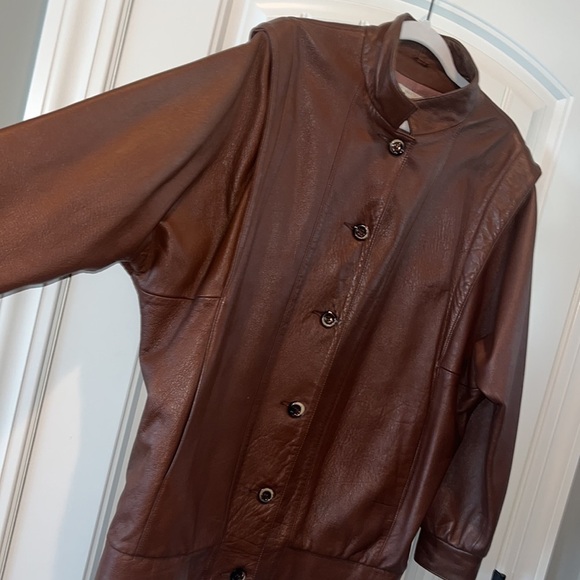 VINTAGE dark brown leather bomber jacket coat button up XL USA unisex - Picture 2 of 13